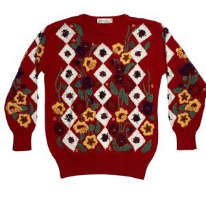 Vintage Chang Li Red Diamond Floral 3D Knit Pullover Sweater Wool Blend Size S/M